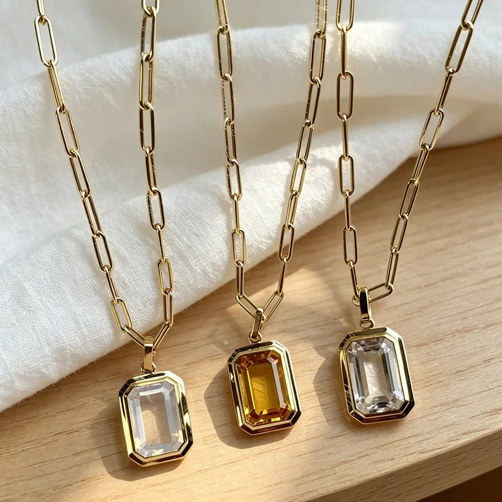 Emerald-Cut Crystal Pendant Necklace