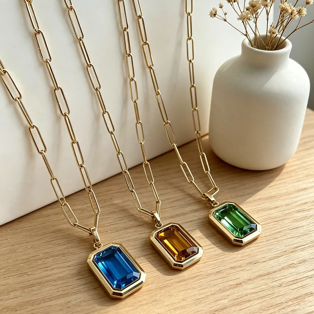 Emerald-Cut Crystal Pendant Necklace