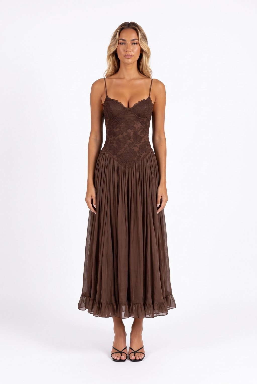 Brown lace-bodice boho midi dress — front