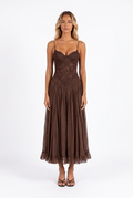 Brown lace-bodice boho midi dress — front