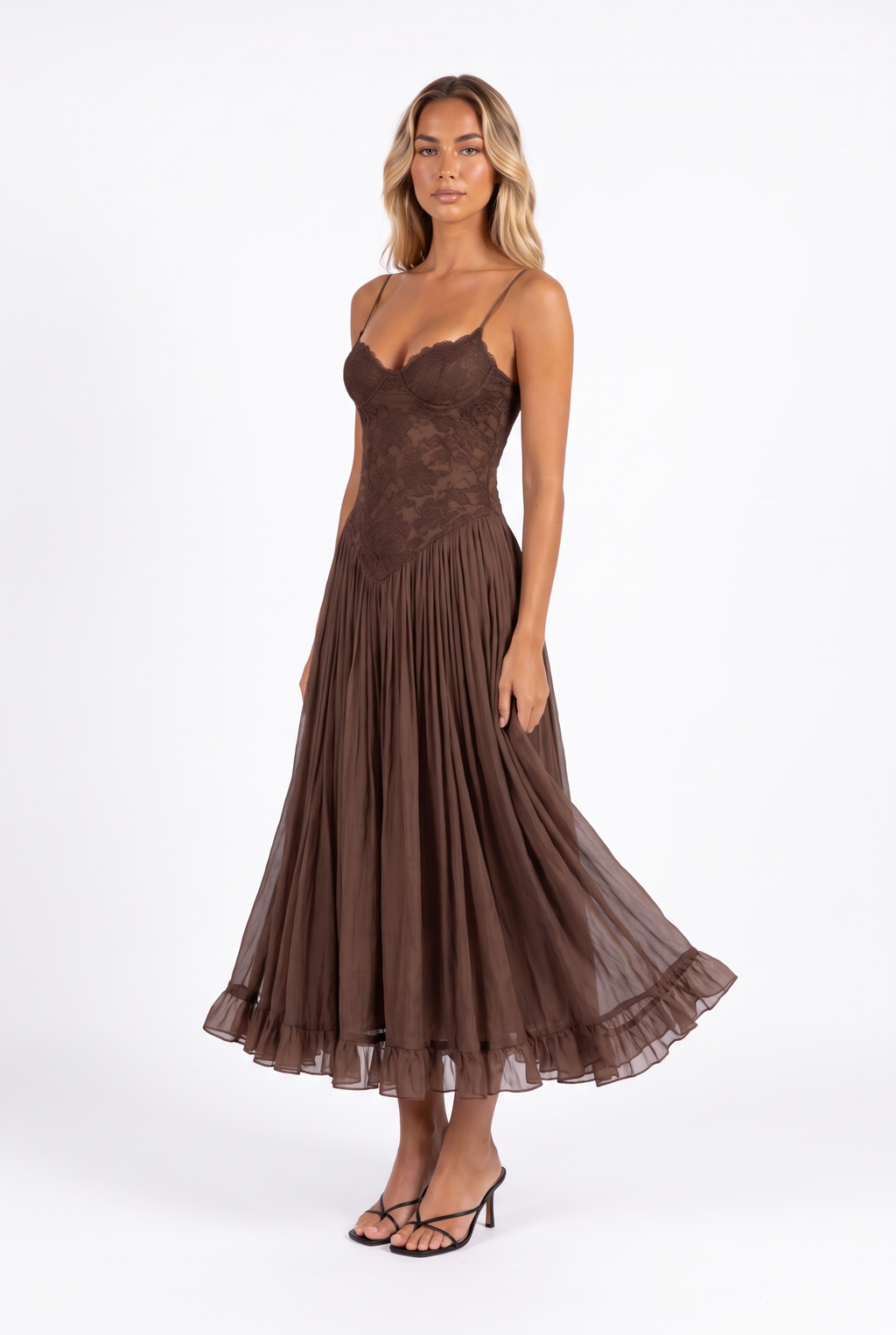 Brown lace-bodice boho midi dress — three-quarter