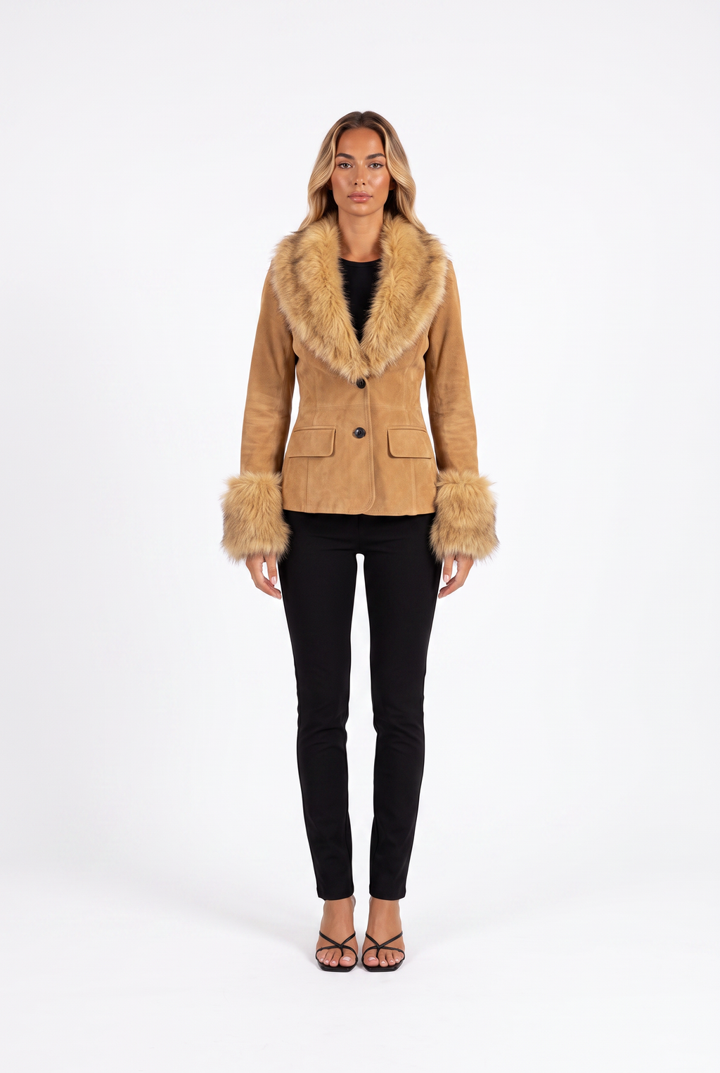 Camel suede-look blazer with faux fur collar and cuffs — front
