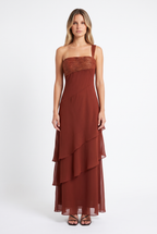 Rust one-shoulder tiered chiffon maxi dress — front