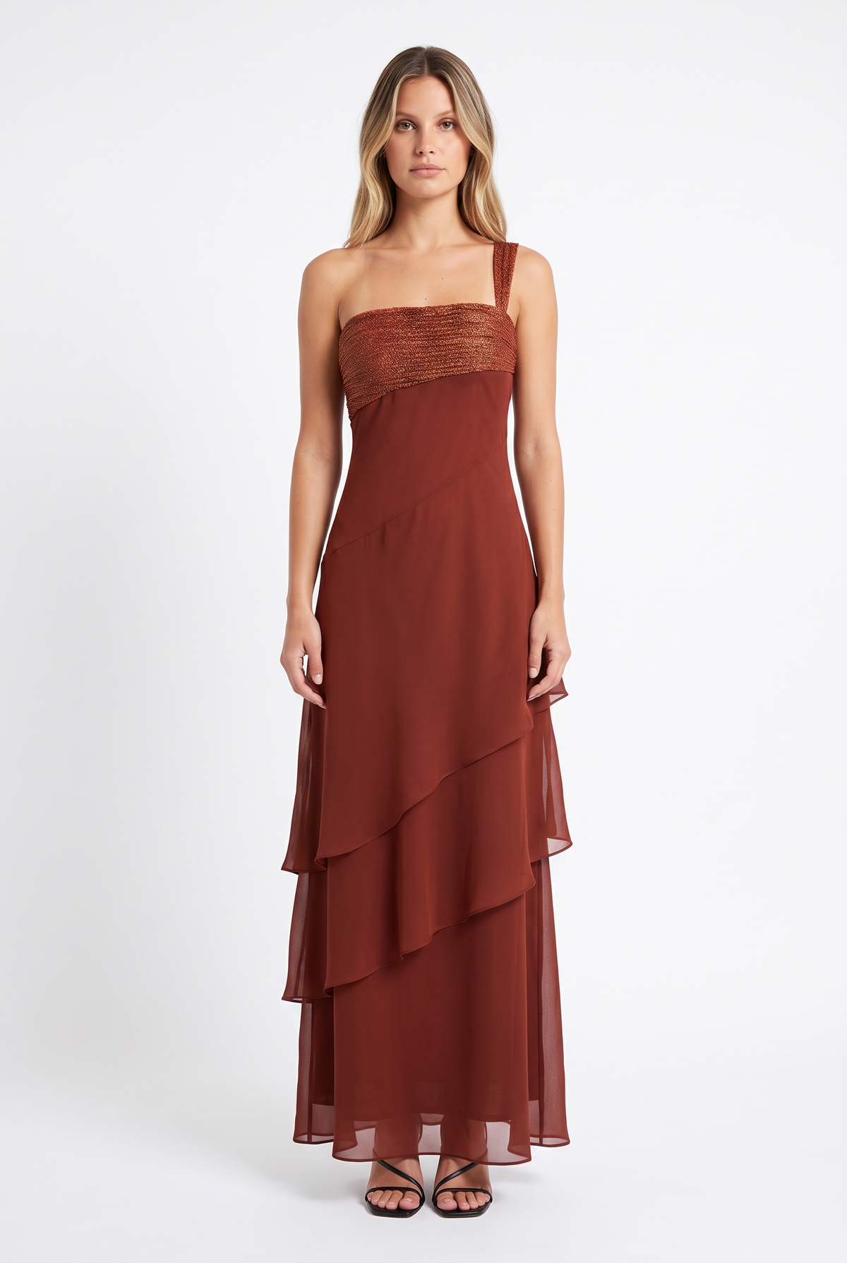 Rust one-shoulder tiered chiffon maxi dress — front