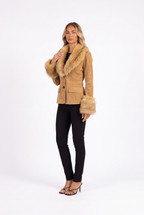 Camel suede-look blazer with faux fur collar and cuffs — three-quarter