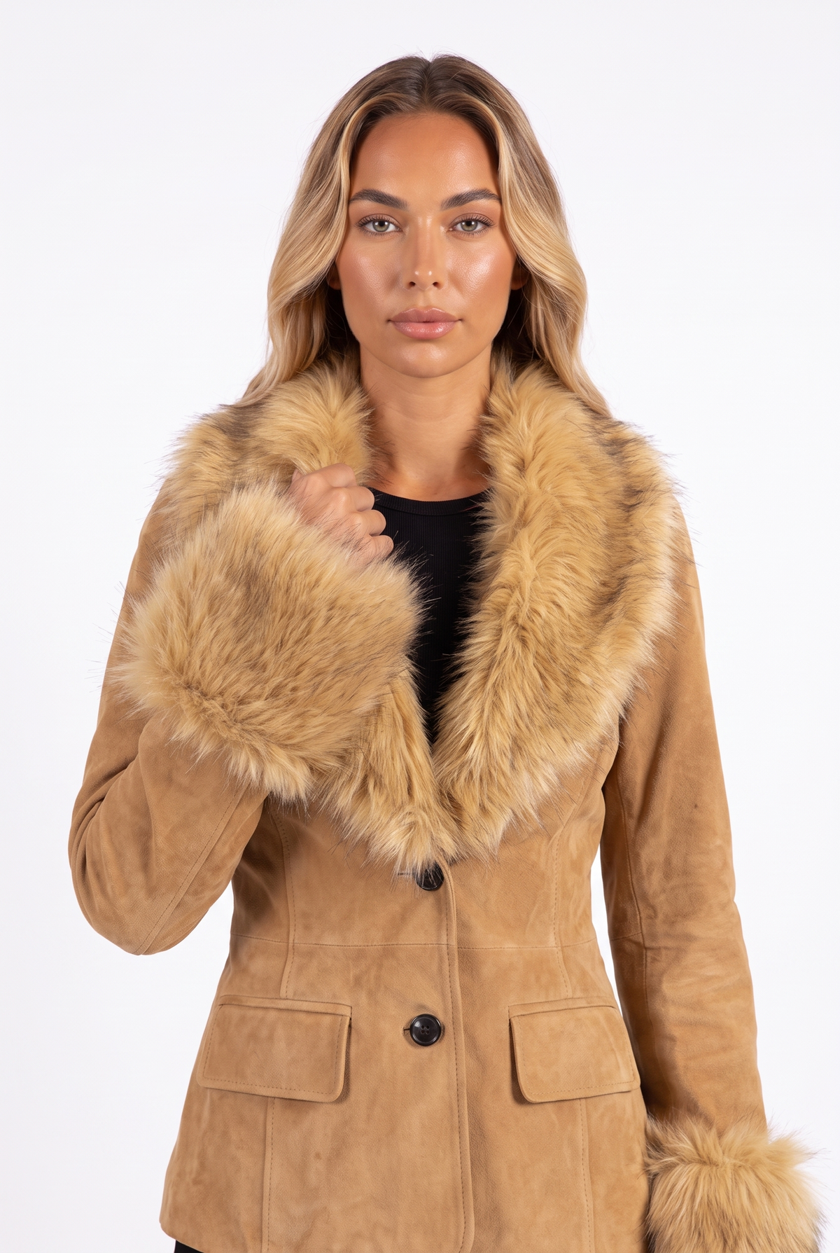 Camel suede-look blazer with faux fur collar and cuffs — fur collar and cuff detail