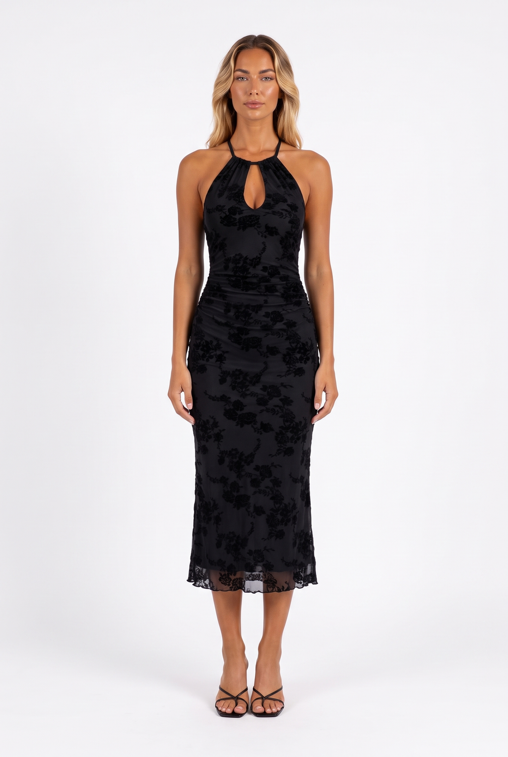 Black flocked floral halter midi dress — front