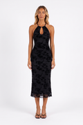 Black flocked floral halter midi dress — front