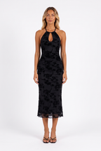 Black flocked floral halter midi dress — front