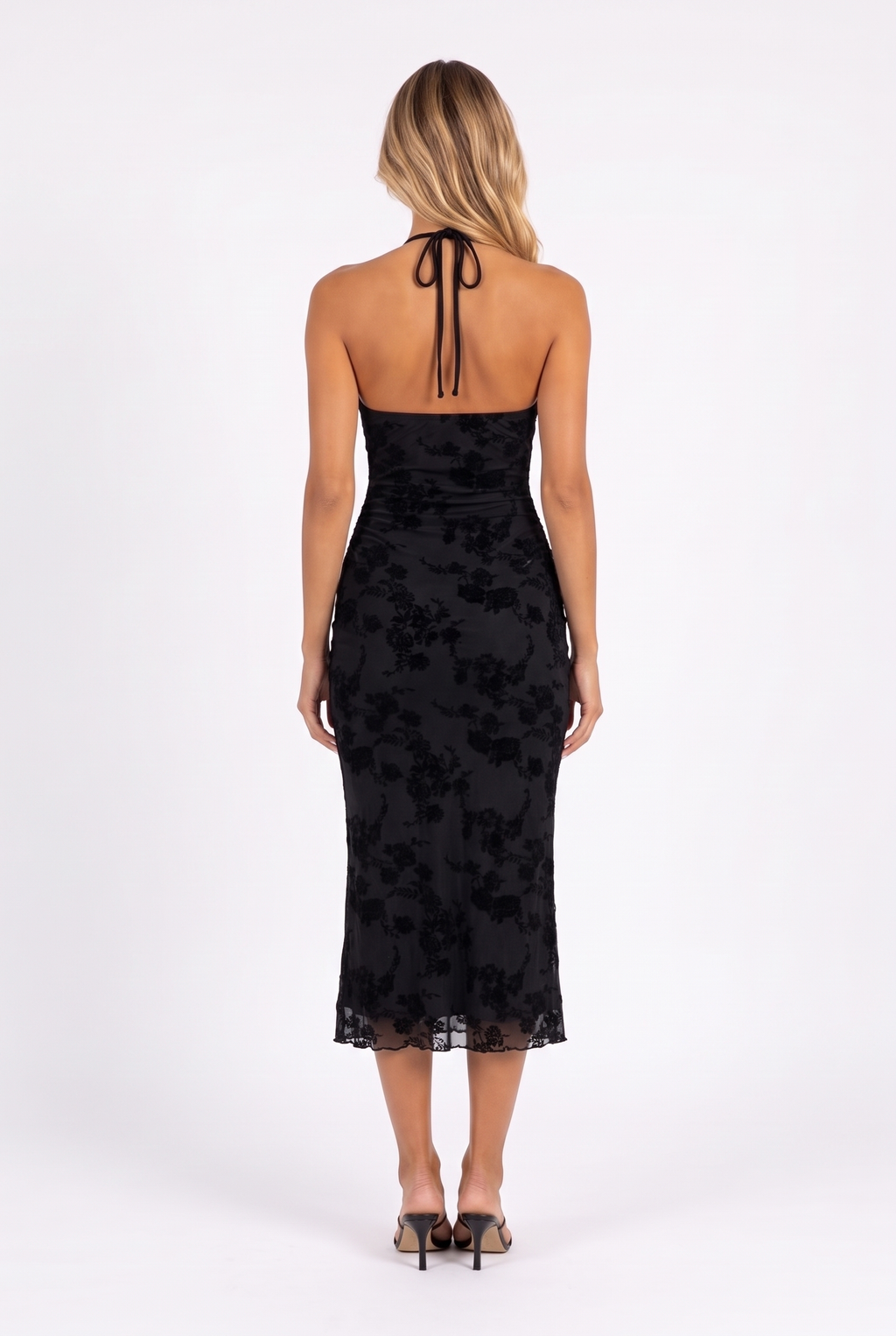 Black flocked floral halter midi dress — open back