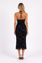 Black flocked floral halter midi dress — open back
