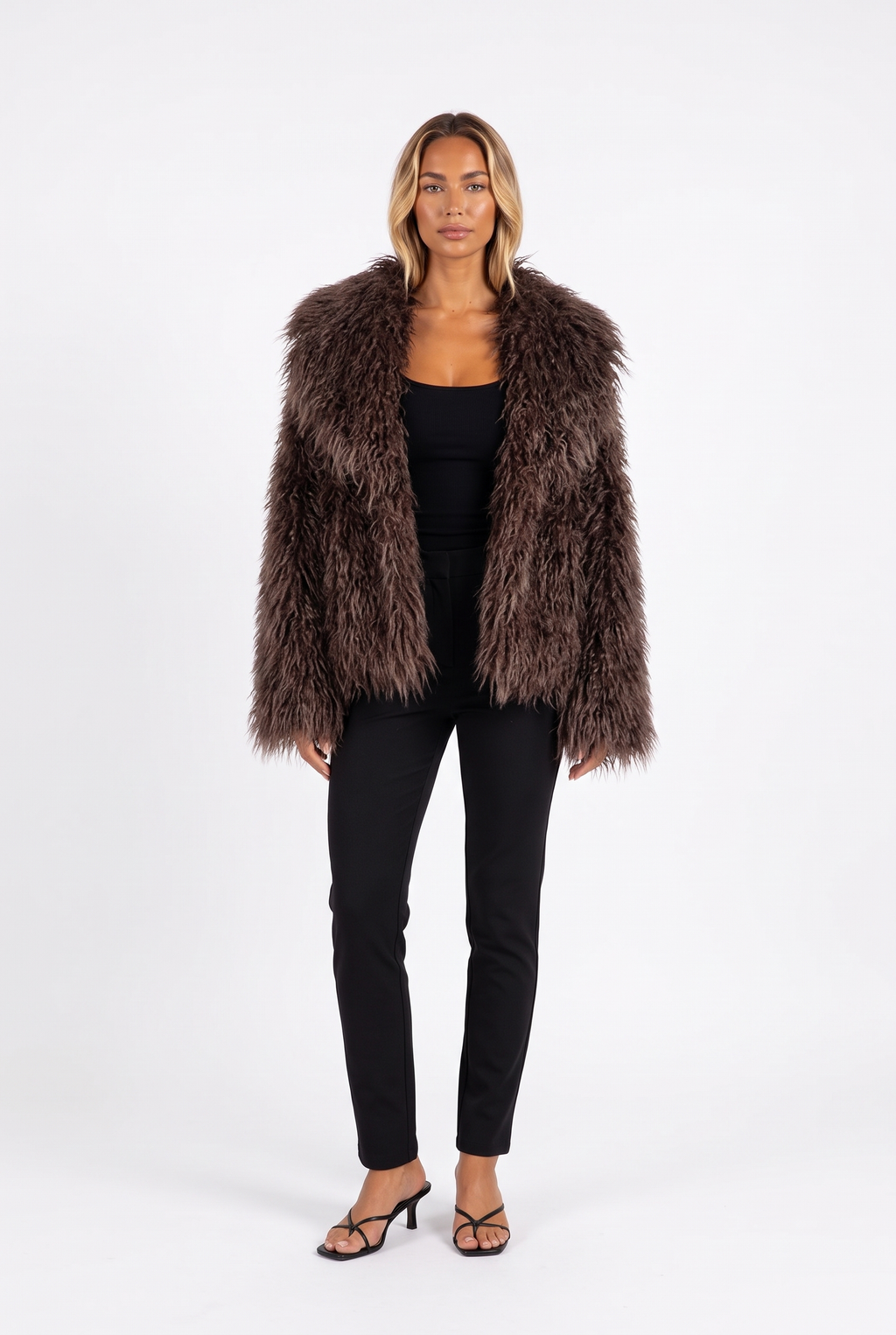 Brown shaggy faux fur jacket with oversized shawl collar — front