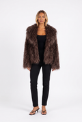 Brown shaggy faux fur jacket with oversized shawl collar — front