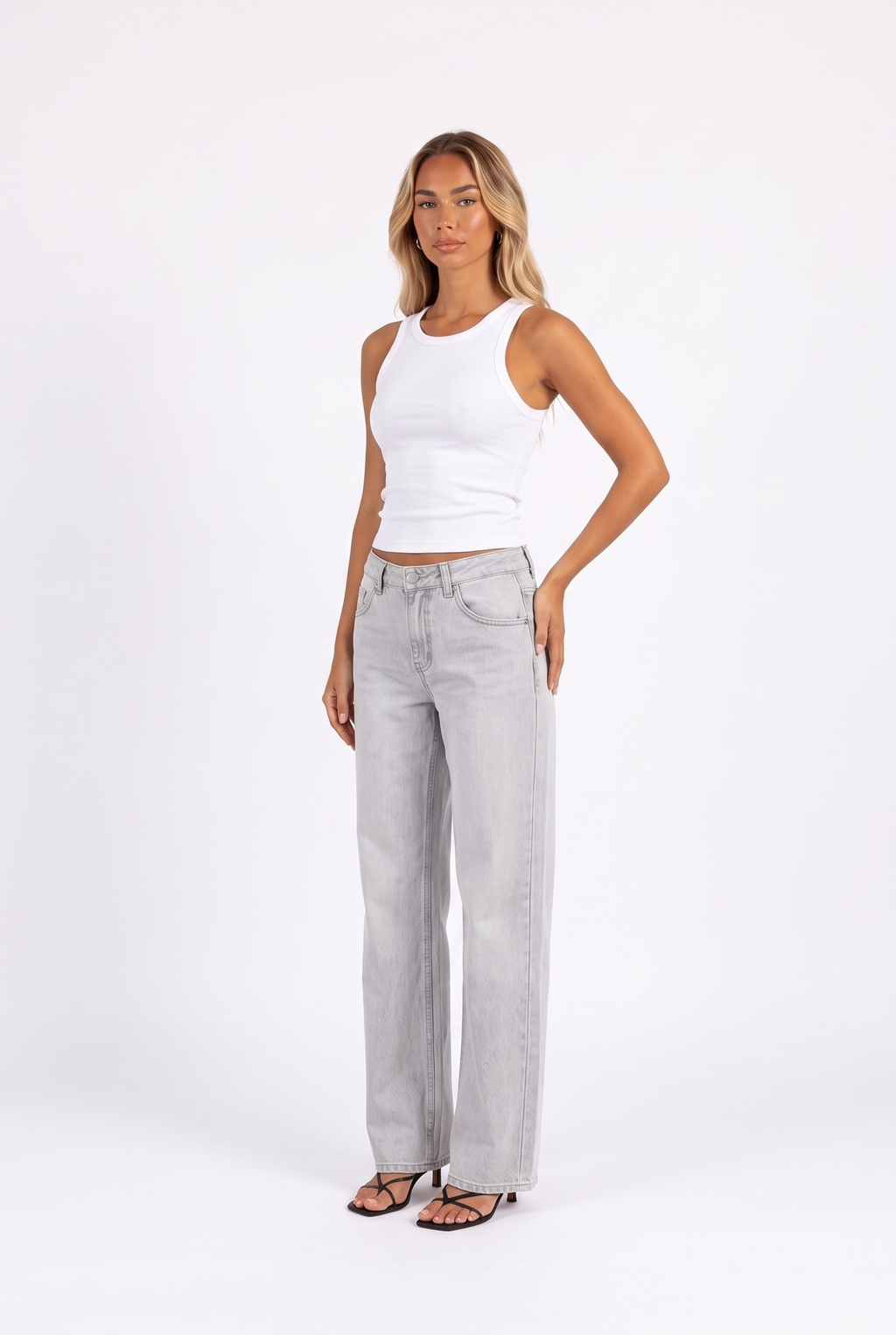 Grey wash low-rise wide-leg jeans — three-quarter