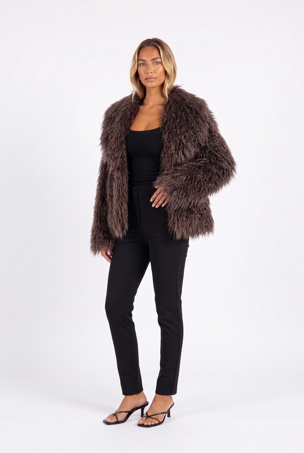 Brown shaggy faux fur jacket with oversized shawl collar — three-quarter