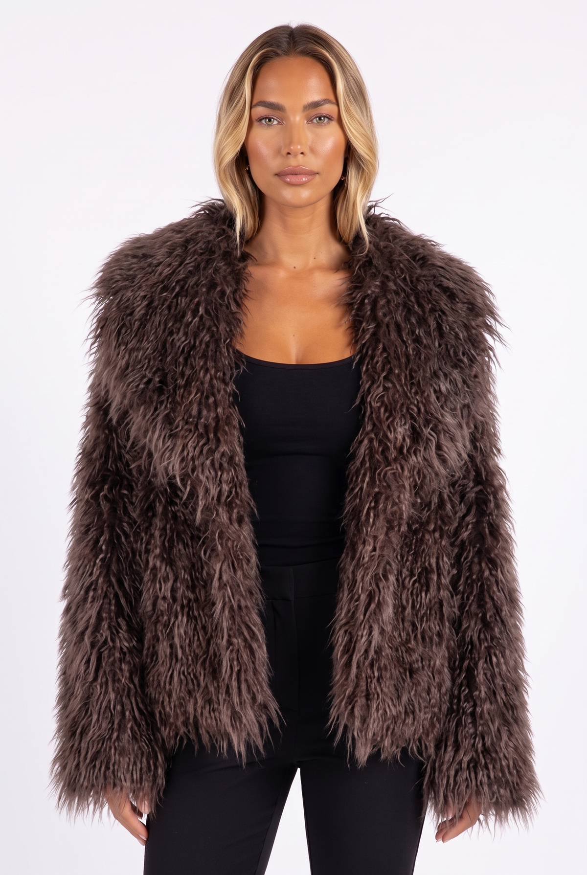 Brown shaggy faux fur jacket with oversized shawl collar — collar and fur texture detail