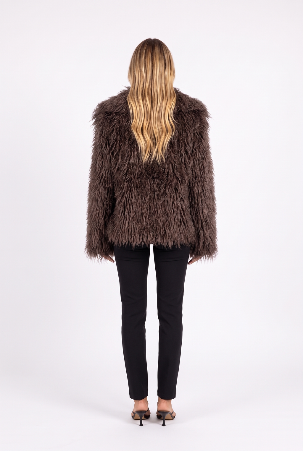 Brown shaggy faux fur jacket with oversized shawl collar — back