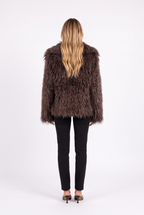 Brown shaggy faux fur jacket with oversized shawl collar — back