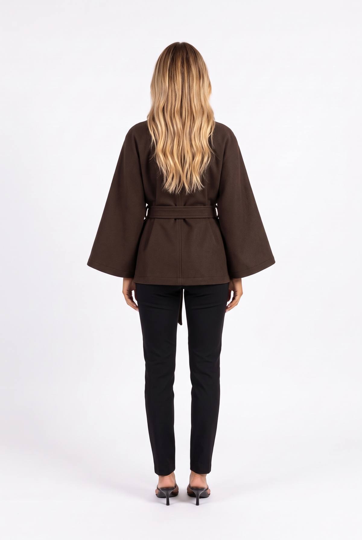Dark brown belted cape jacket with funnel collar — back