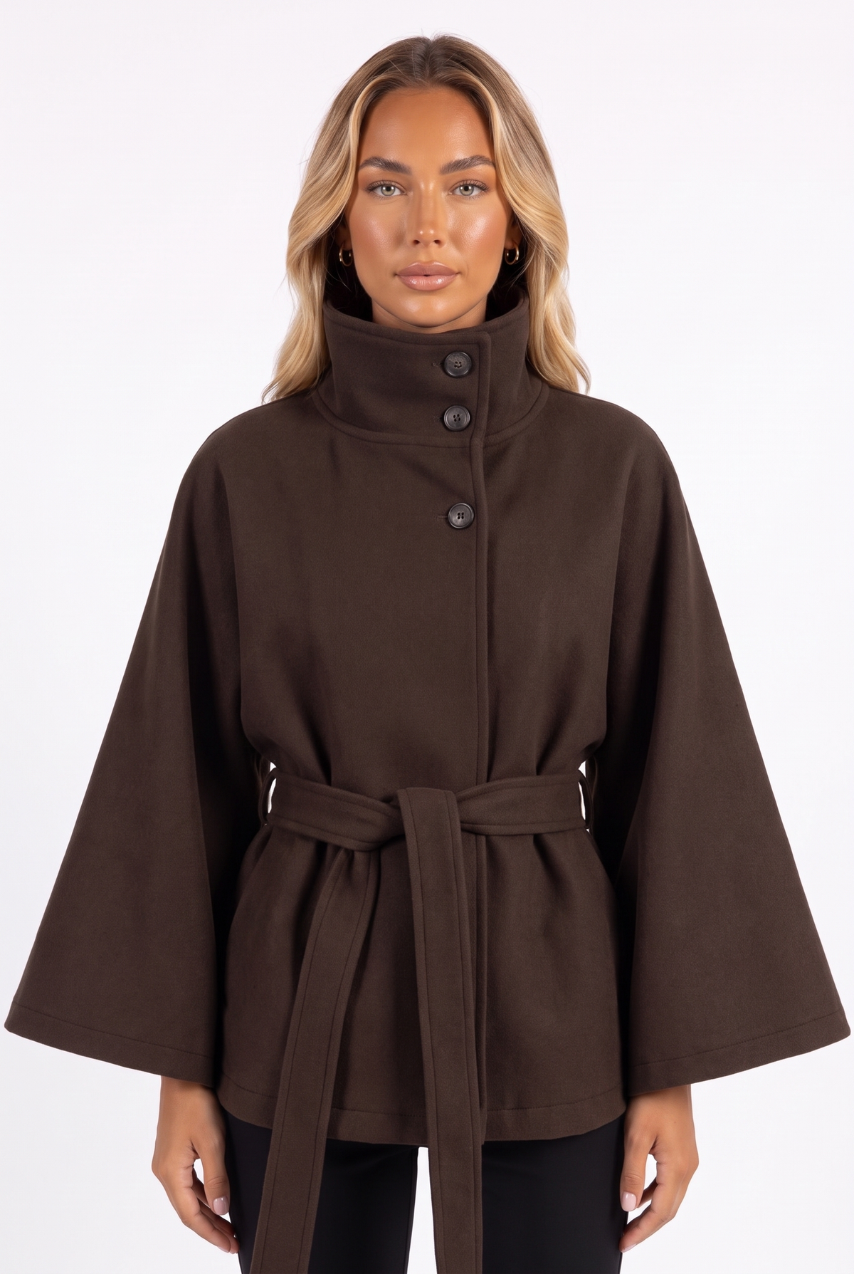Dark brown belted cape jacket with funnel collar — collar, buttons and belt detail