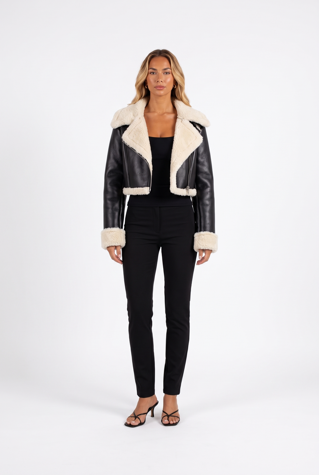 Black cropped faux-leather aviator jacket with faux shearling trim — front