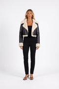 Black cropped faux-leather aviator jacket with faux shearling trim — front