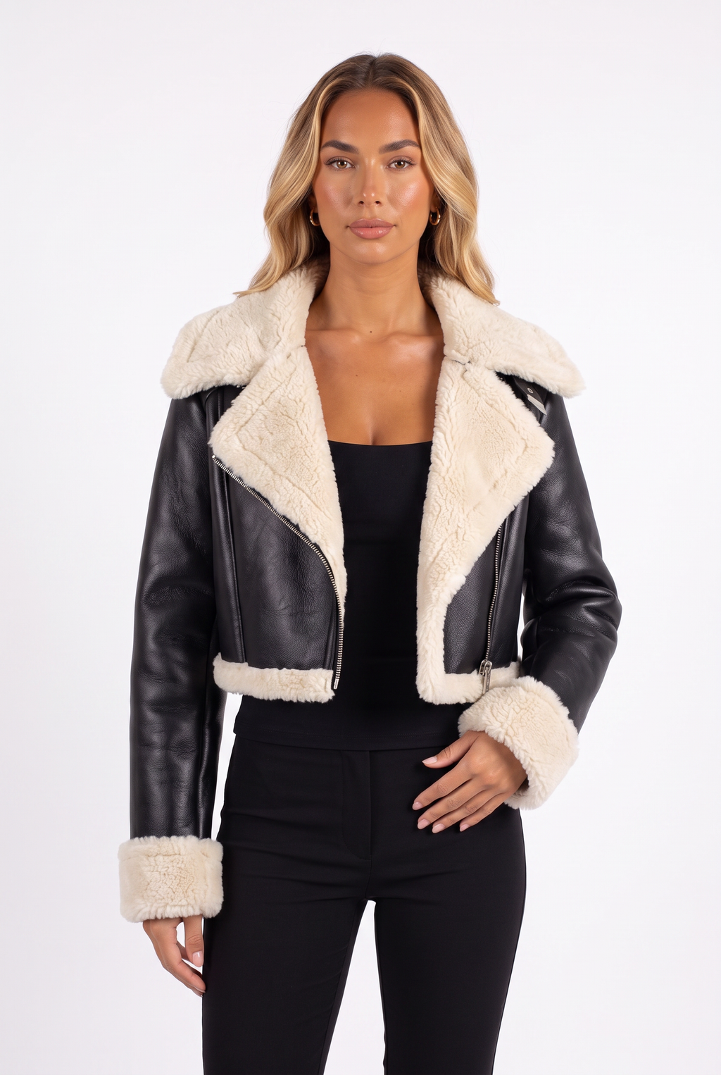 Black cropped faux-leather aviator jacket with faux shearling trim — shearling lapel and zip detail