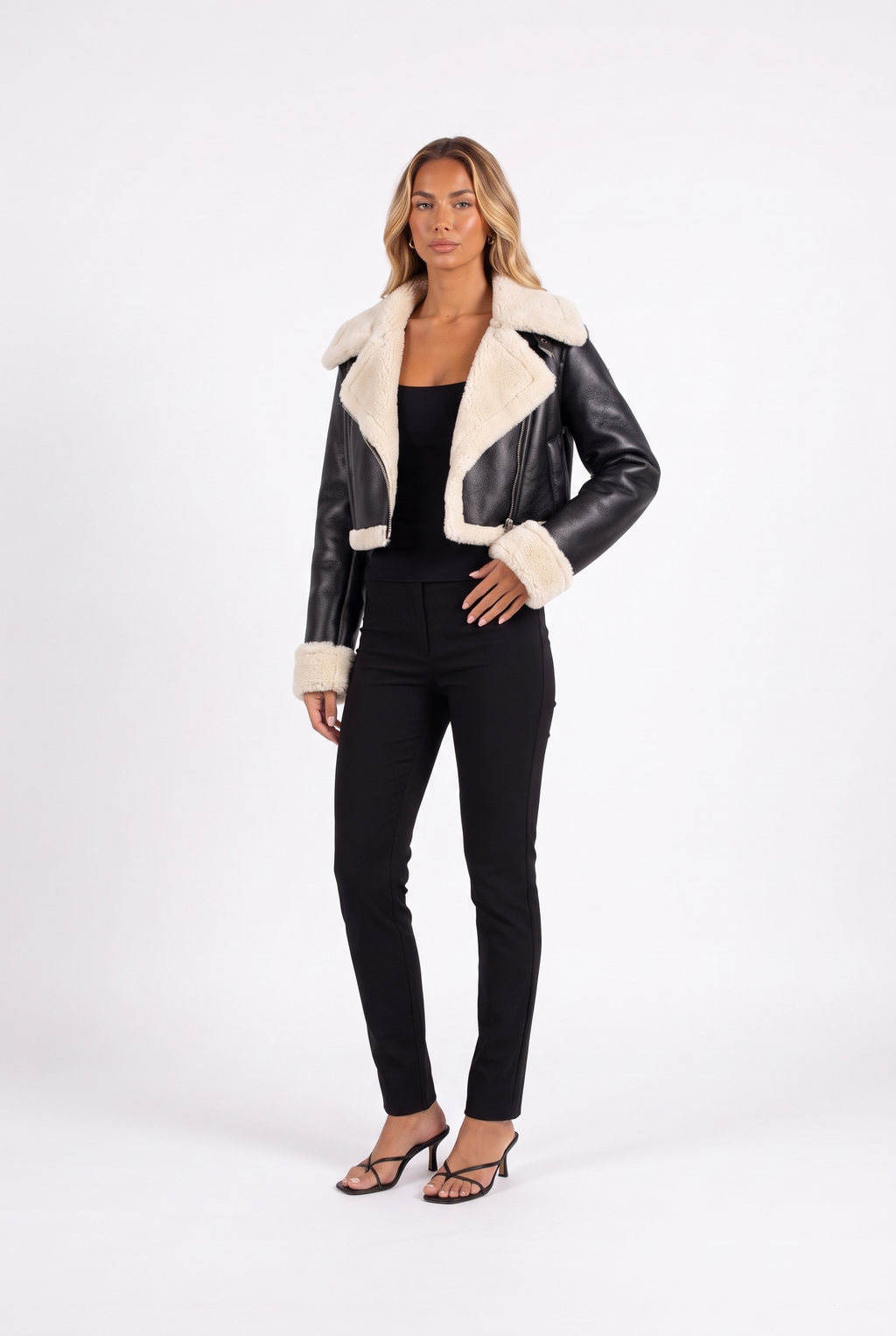 Black cropped faux-leather aviator jacket with faux shearling trim — three-quarter