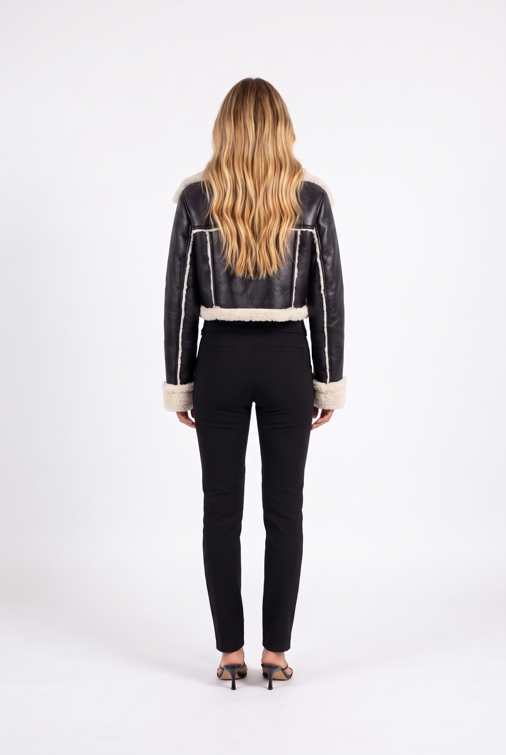 Black cropped faux-leather aviator jacket with faux shearling trim — back