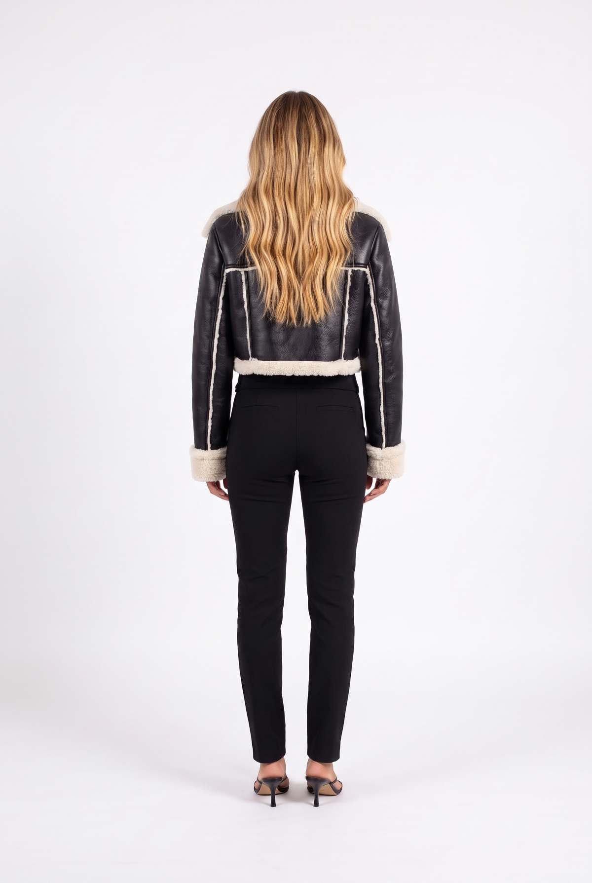 Black cropped faux-leather aviator jacket with faux shearling trim — back