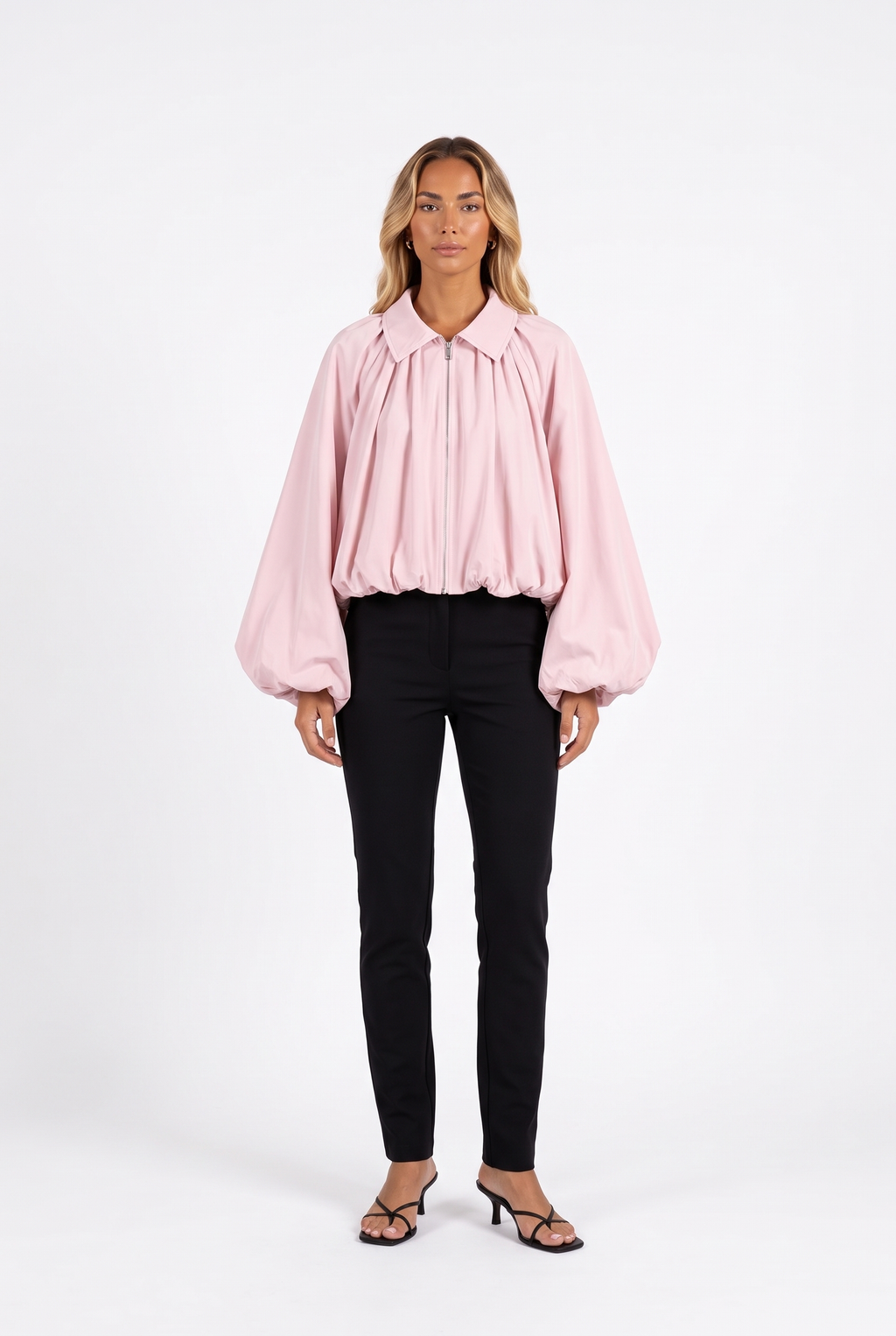 Pale pink balloon-sleeve zip jacket — front