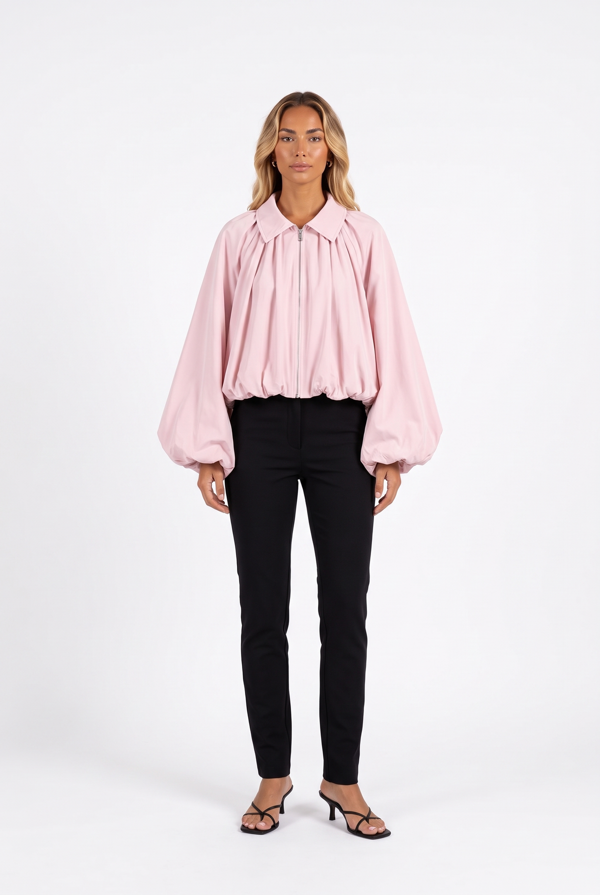Pale pink balloon-sleeve zip jacket — front