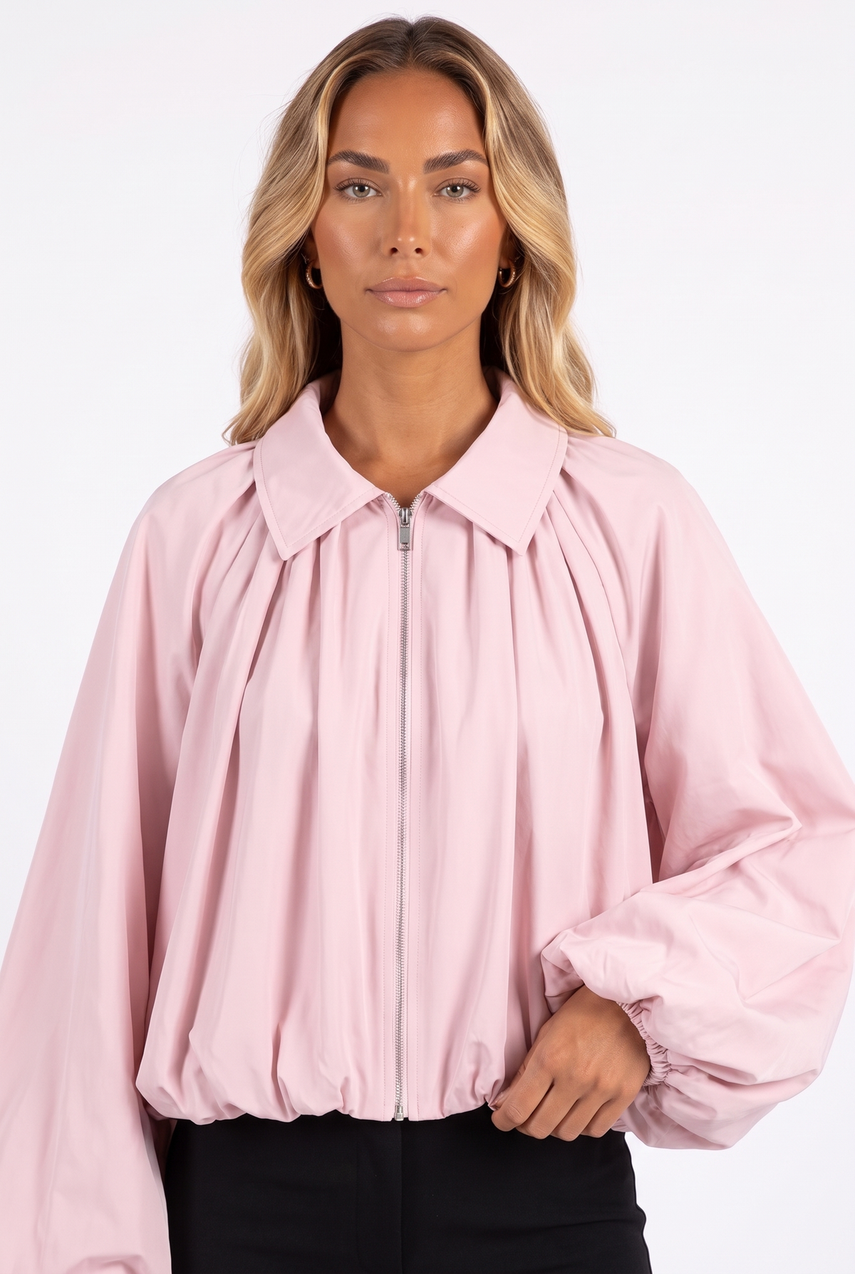 Pale pink balloon-sleeve zip jacket — collar, zip and sleeve detail