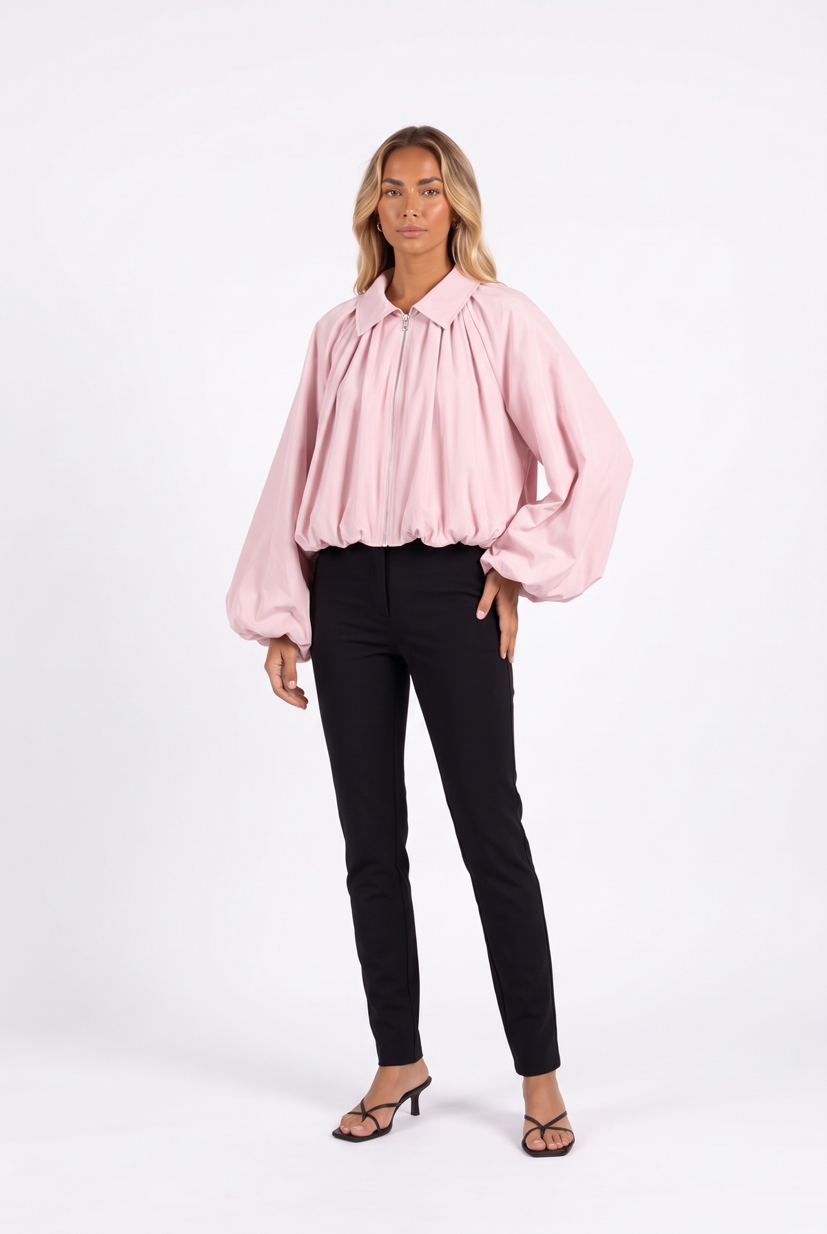 Pale pink balloon-sleeve zip jacket — three-quarter