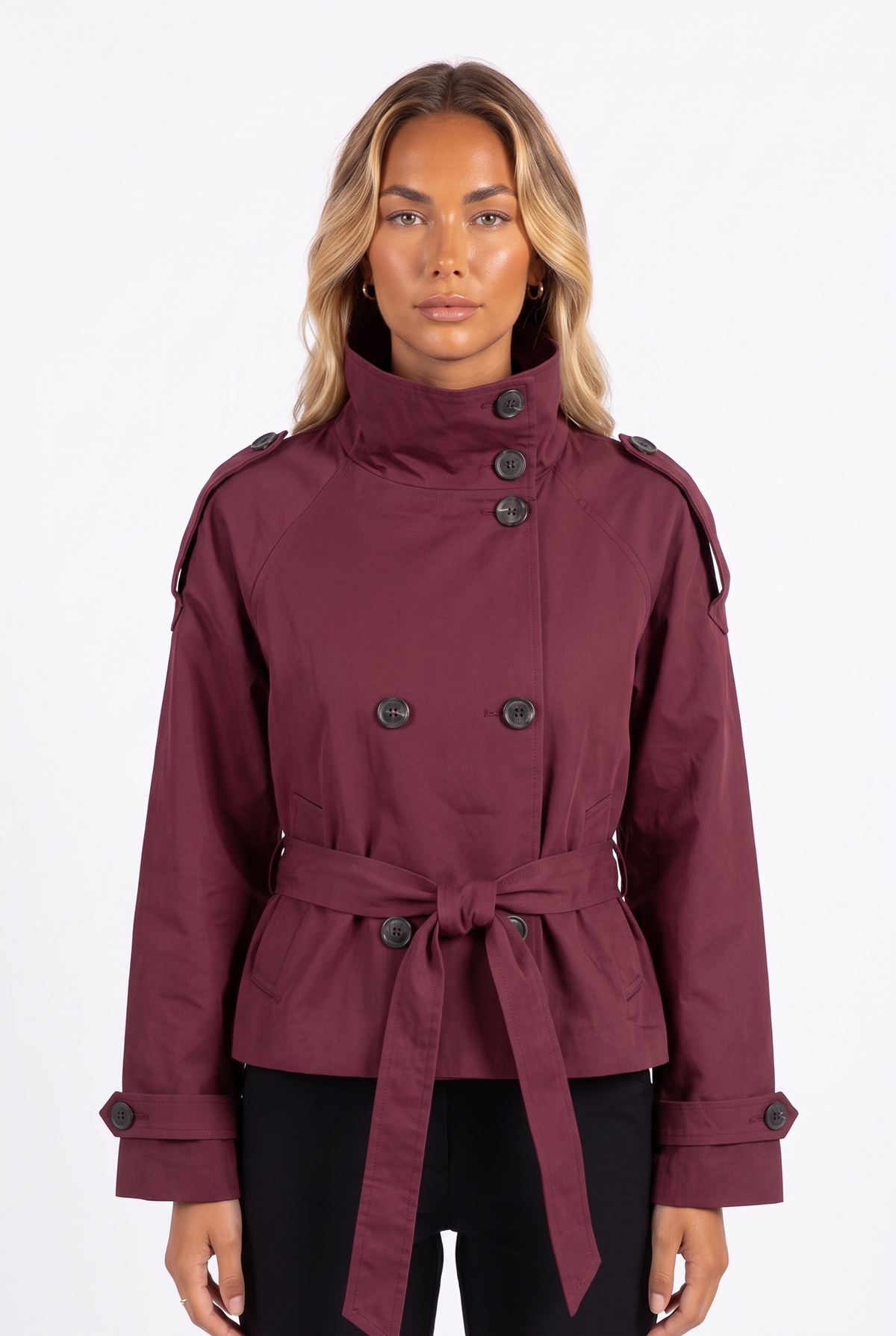 Wine red cropped double-breasted belted trench jacket — collar, buttons and belt detail