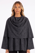 Charcoal draped scarf-collar cape jacket — scarf collar and button detail