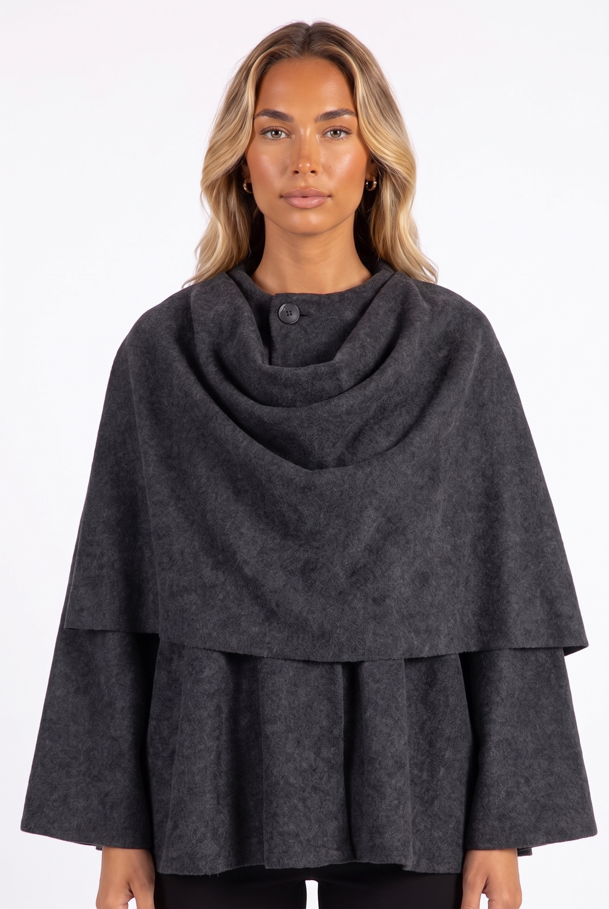 Charcoal draped scarf-collar cape jacket — scarf collar and button detail
