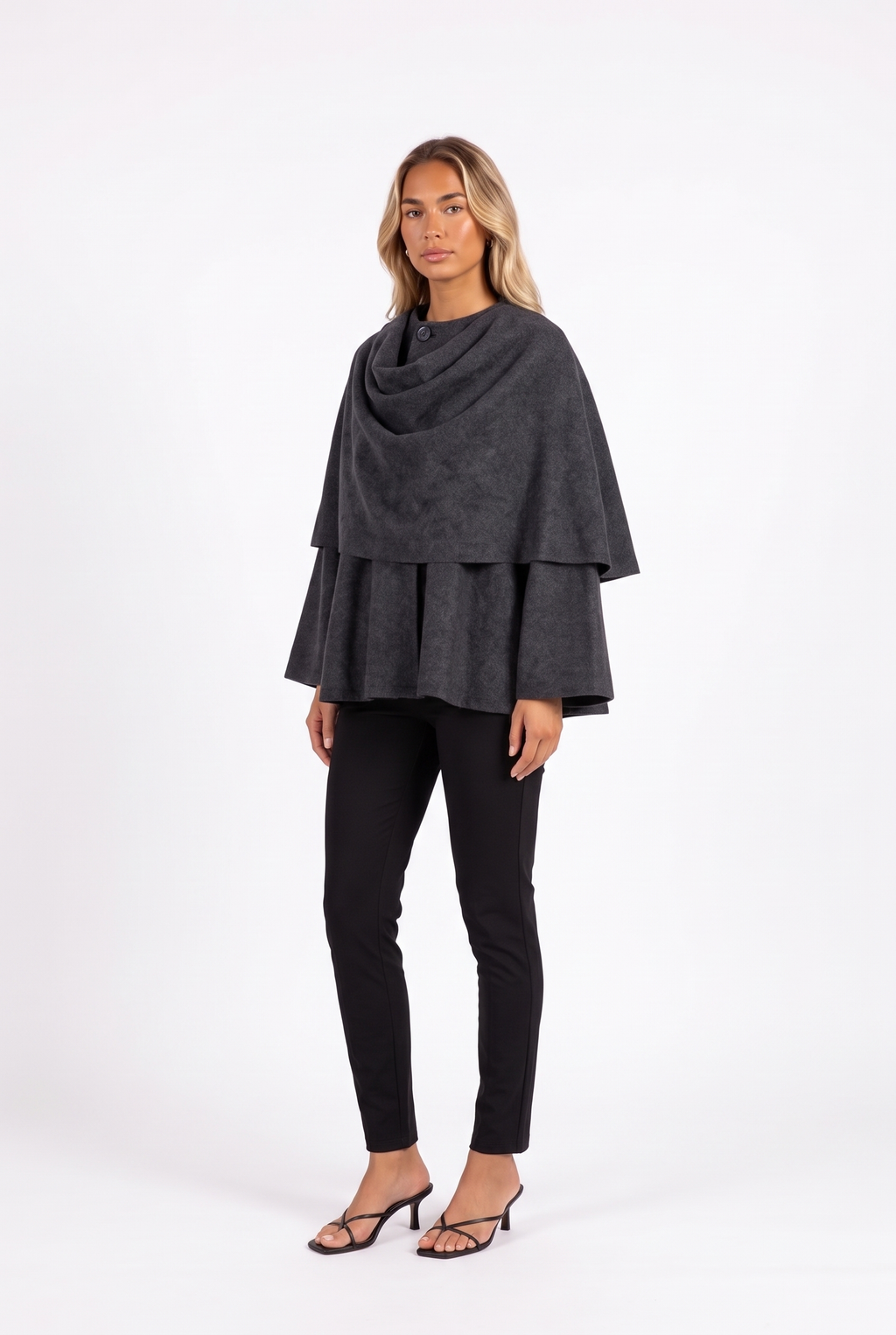 Charcoal draped scarf-collar cape jacket — three-quarter