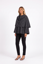 Charcoal draped scarf-collar cape jacket — three-quarter