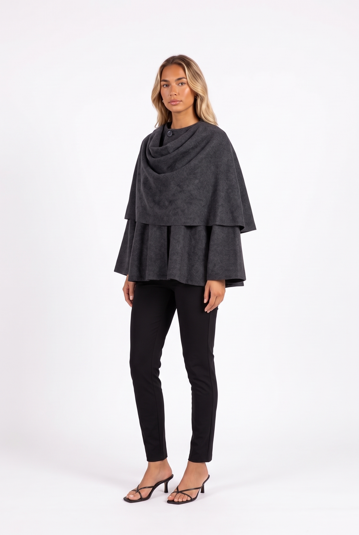 Charcoal draped scarf-collar cape jacket — three-quarter