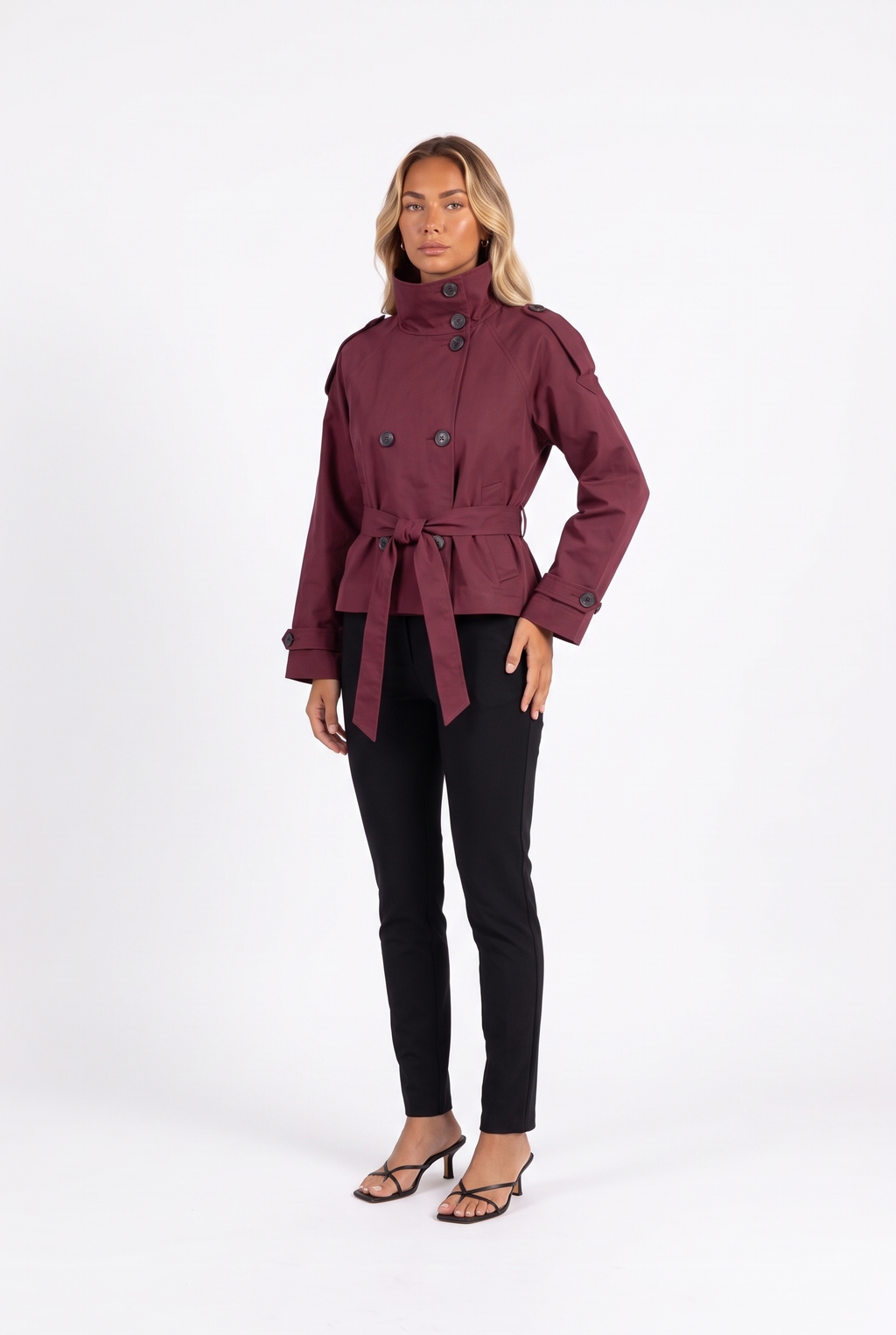 Wine red cropped double-breasted belted trench jacket — three-quarter