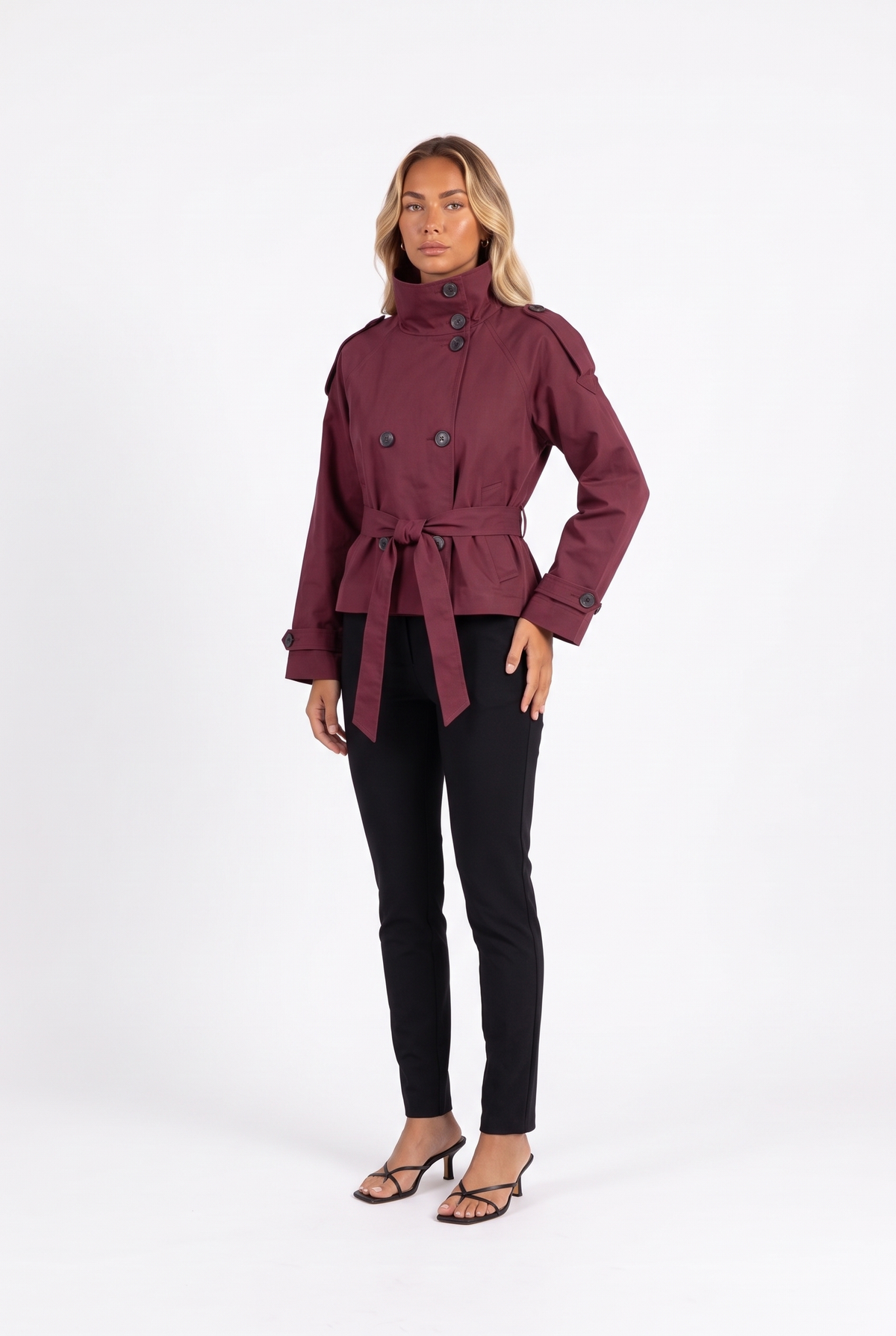 Wine red cropped double-breasted belted trench jacket — three-quarter