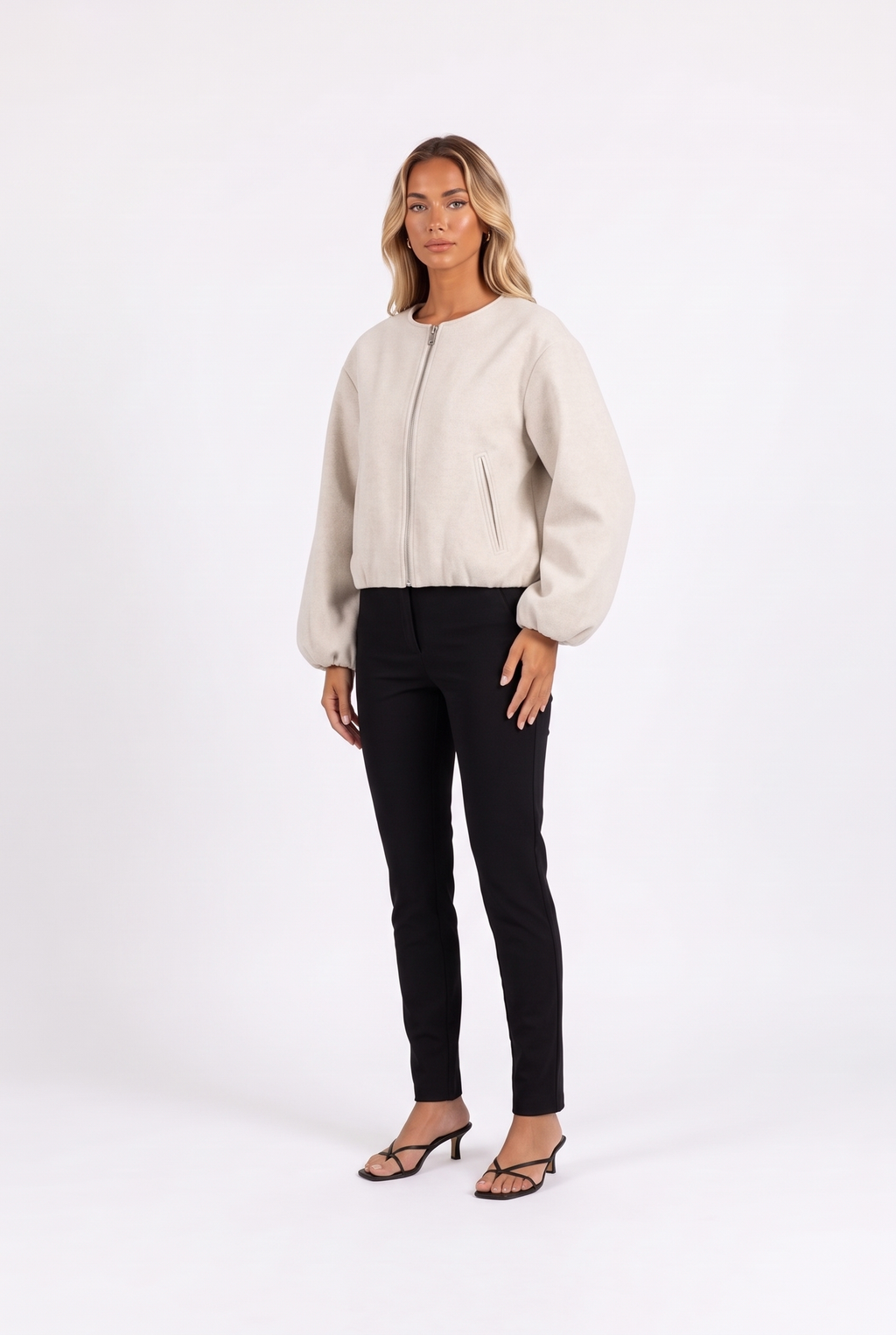 Oat beige crew-neck zip bomber with balloon sleeves — three-quarter