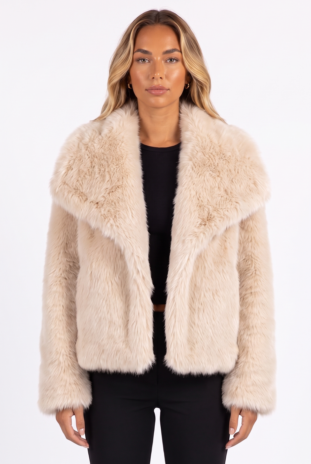 Cream fluffy faux fur jacket with oversized shawl collar — collar and fur detail