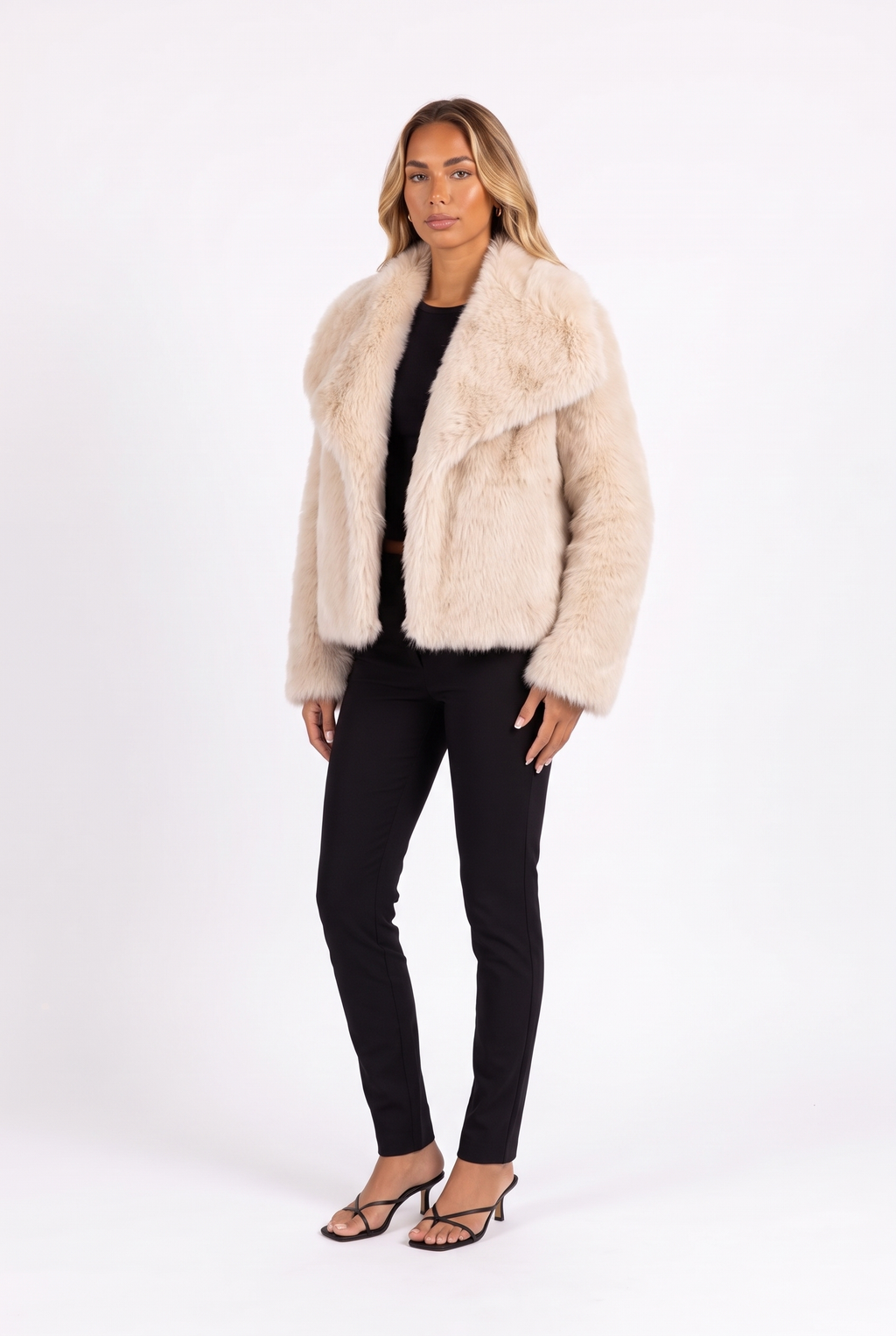 Cream fluffy faux fur jacket with oversized shawl collar — three-quarter