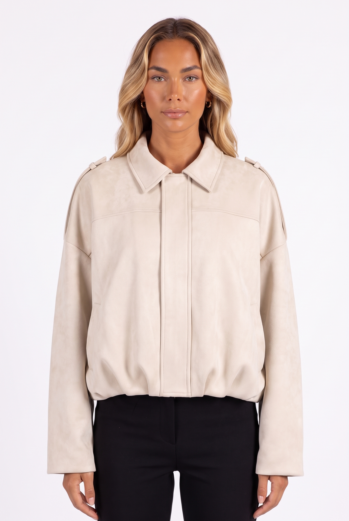 Cream faux-suede cropped bomber with epaulettes — collar, placket and epaulette detail