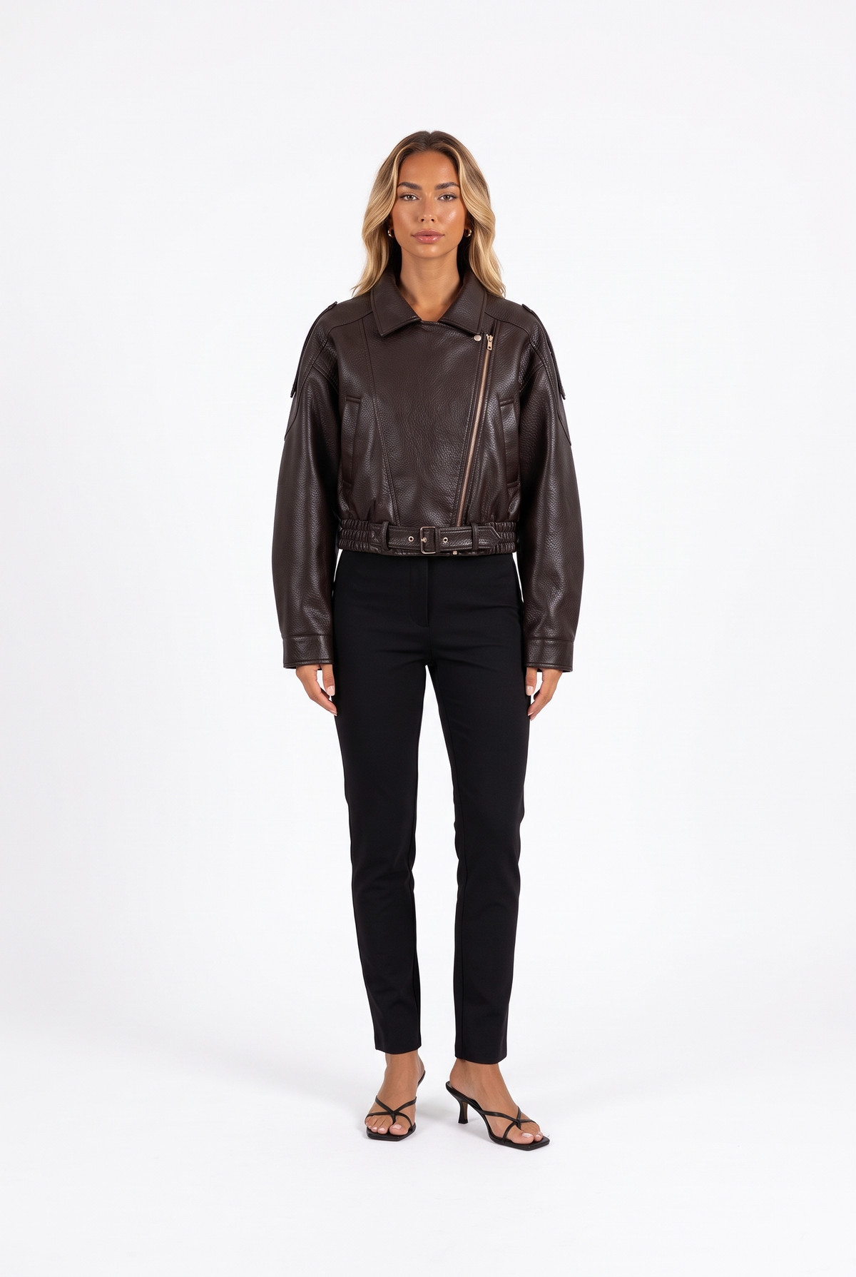 Brown faux-leather cropped belted moto jacket — front