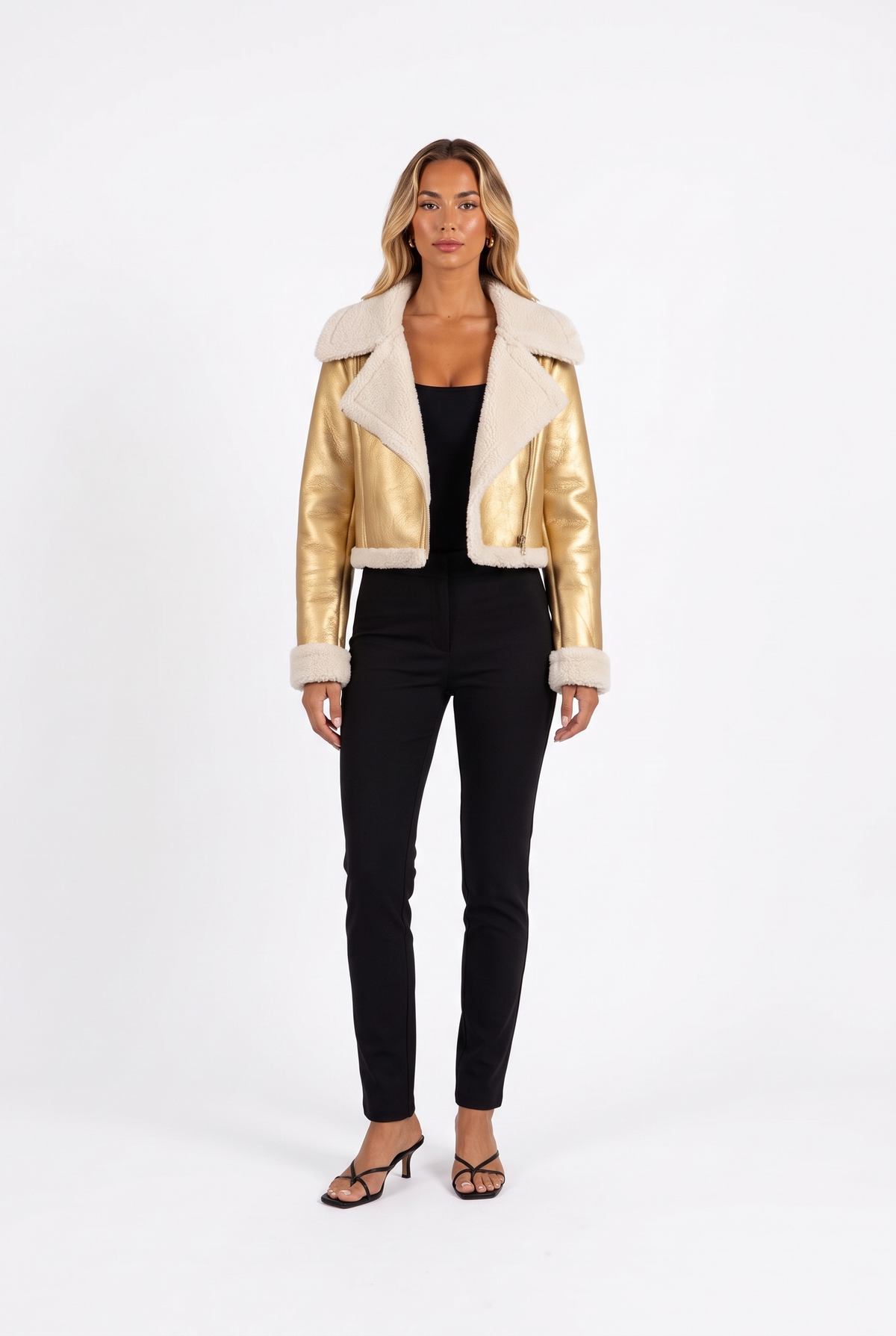 Metallic gold faux-leather cropped moto jacket with faux shearling trim — front