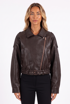 Brown faux-leather cropped belted moto jacket — collar, zip and belt detail