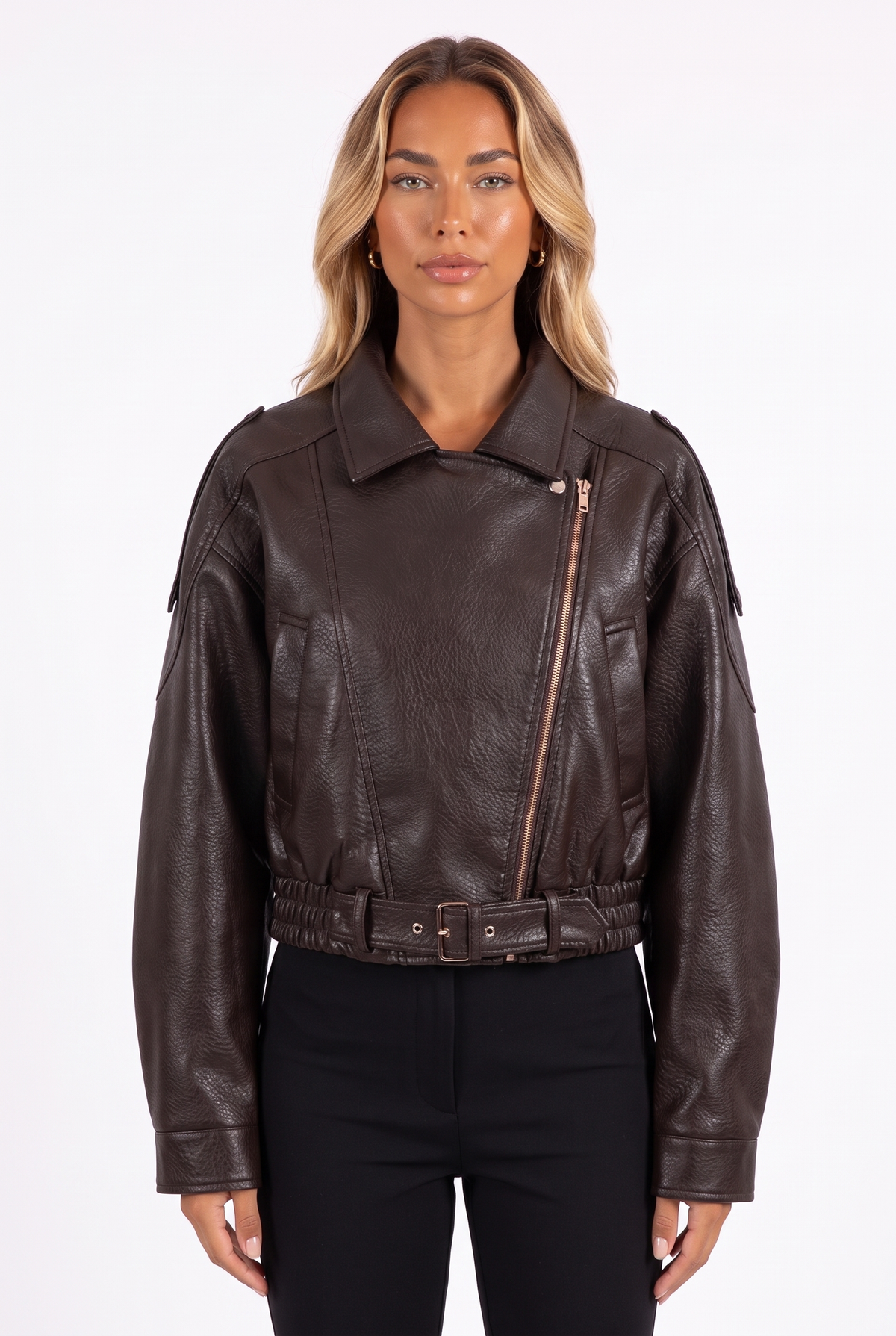 Brown faux-leather cropped belted moto jacket — collar, zip and belt detail